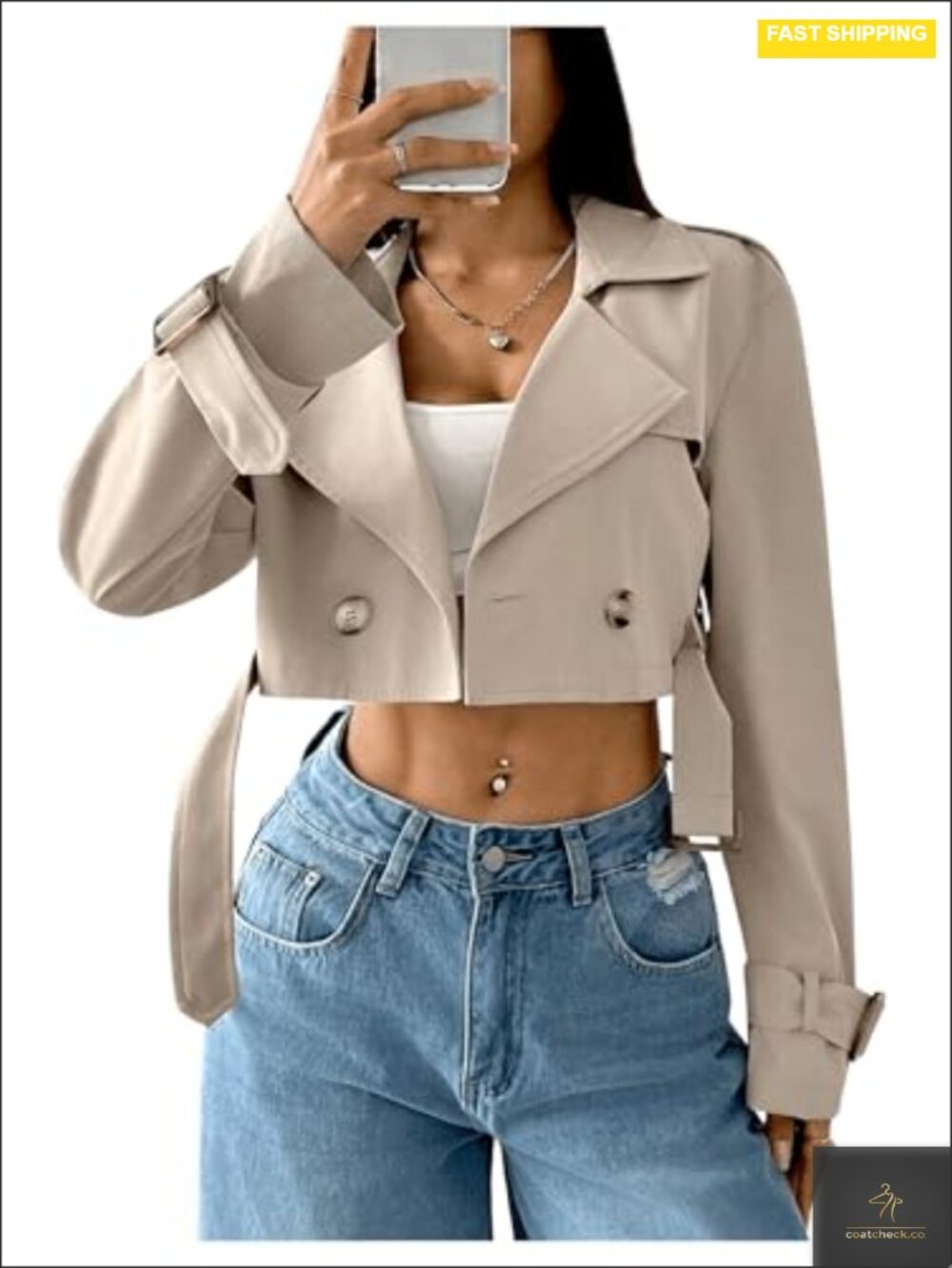 Women's Cropped Trench Coat Short Double Breasted Fall Outerwear